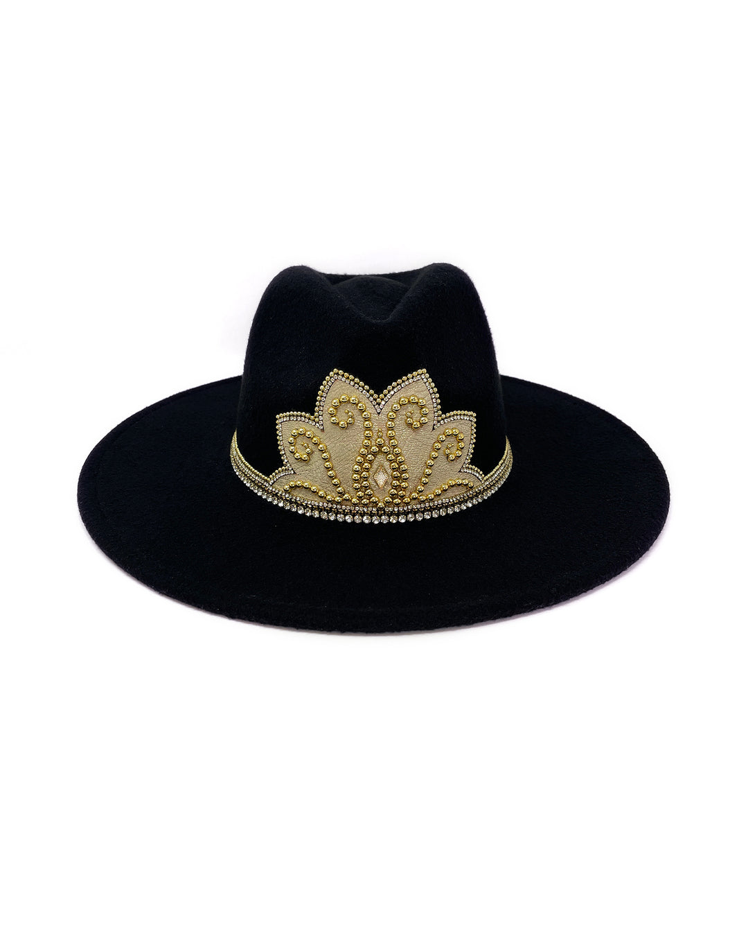 Black wide brim fedora hat. Gold faux leather lotus motive hand embellished with gold metal clasped crystals & pearl like rhinestones. ladies day, festival hat, crystals, felt hat, boho, wool hat, classic hat, best fedora brand, festival outfit, leatherette