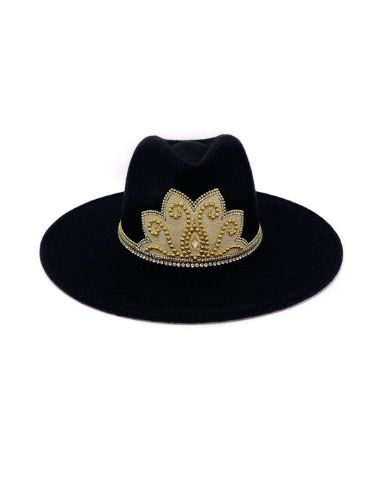 Black wide brim fedora hat. Gold faux leather lotus motive hand embellished with gold metal clasped crystals & pearl like rhinestones. ladies day, festival hat, crystals, felt hat, boho, wool hat, classic hat, best fedora brand, festival outfit, leatherette