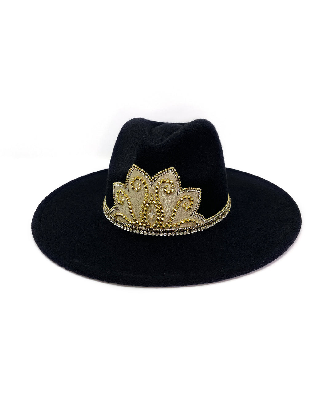 Black wide brim fedora hat. Gold faux leather lotus motive hand embellished with gold metal clasped crystals & pearl like rhinestones. ladies day, festival hat, crystals, felt hat, boho, wool hat, classic hat, best fedora brand, festival outfit, leatherette