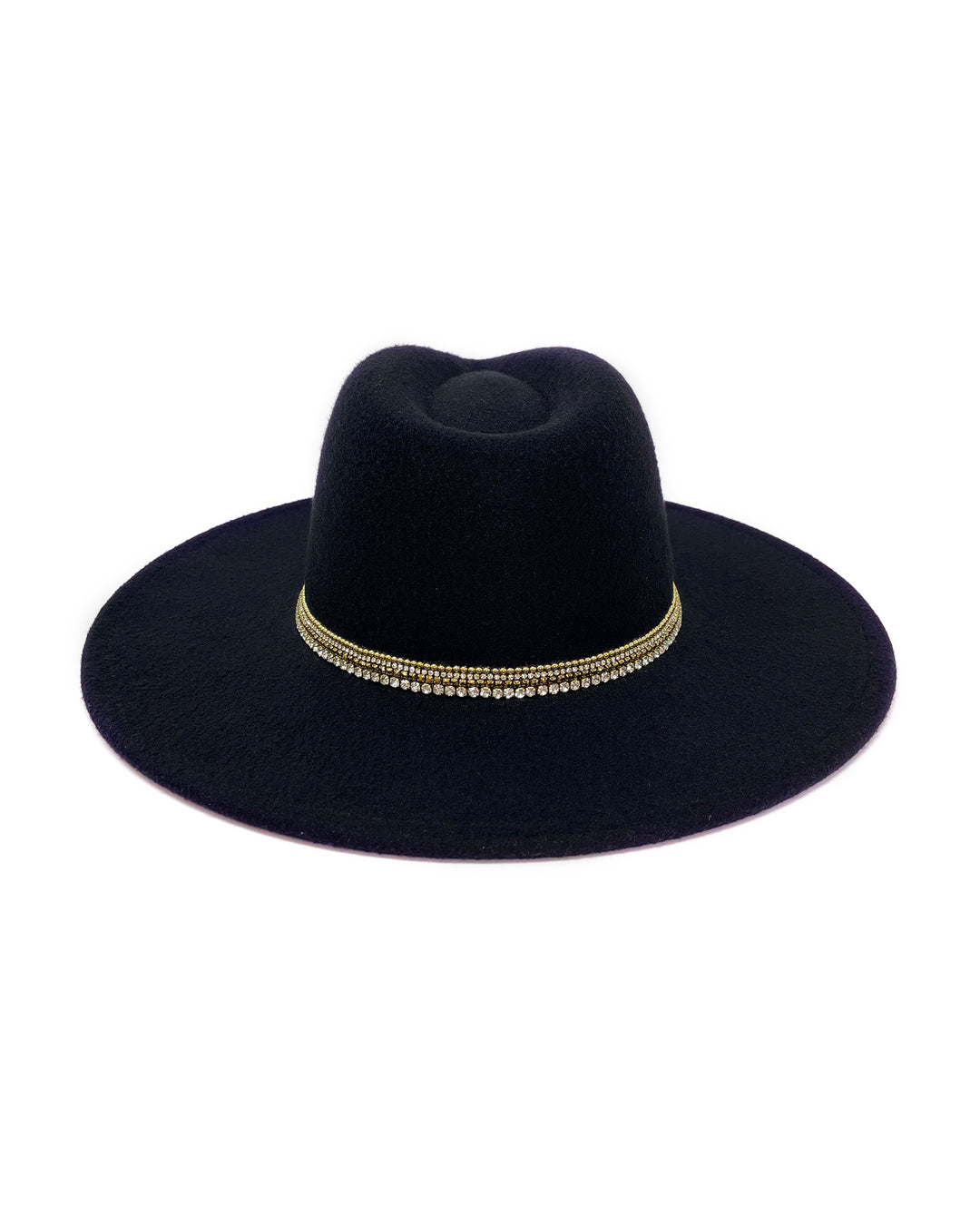 Black wide brim fedora hat. Gold faux leather lotus motive hand embellished with gold metal clasped crystals & pearl like rhinestones. ladies day, festival hat, crystals, felt hat, boho, wool hat, classic hat, best fedora brand, festival outfit, leatherette