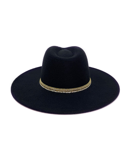 Black wide brim fedora hat. Gold faux leather lotus motive hand embellished with gold metal clasped crystals & pearl like rhinestones. ladies day, festival hat, crystals, felt hat, boho, wool hat, classic hat, best fedora brand, festival outfit, leatherette