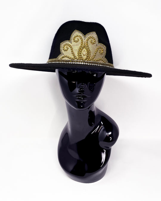 Black wide brim fedora hat. Gold faux leather lotus motive hand embellished with gold metal clasped crystals & pearl like rhinestones. ladies day, festival hat, crystals, felt hat, boho, wool hat, classic hat, best fedora brand, festival outfit, leatherette