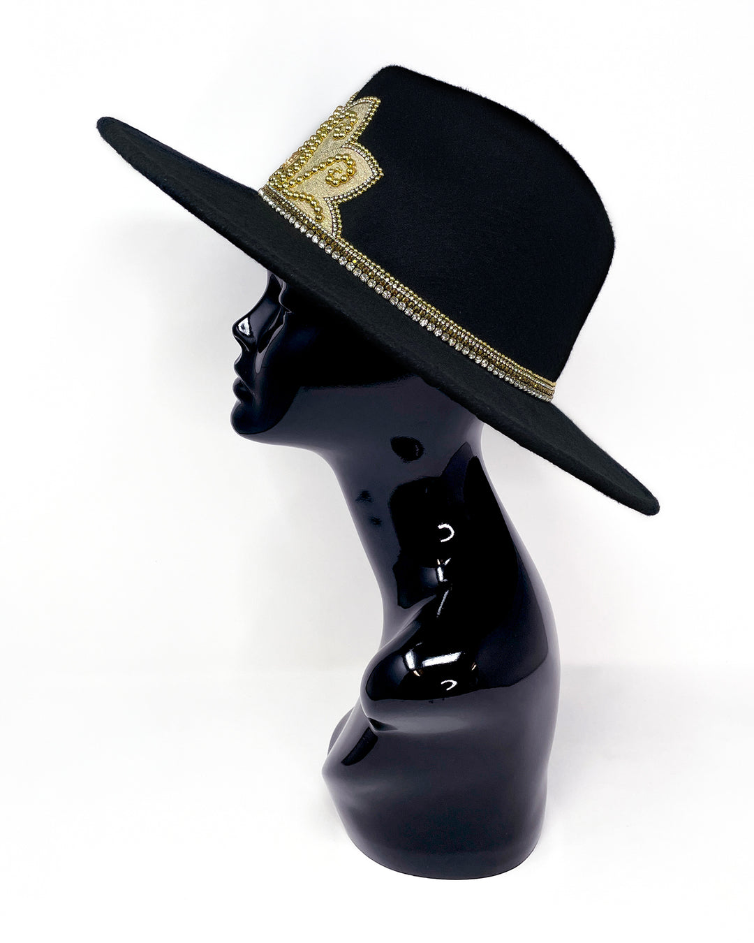 Black wide brim fedora hat. Gold faux leather lotus motive hand embellished with gold metal clasped crystals & pearl like rhinestones. ladies day, festival hat, crystals, felt hat, boho, wool hat, classic hat, best fedora brand, festival outfit, leatherette