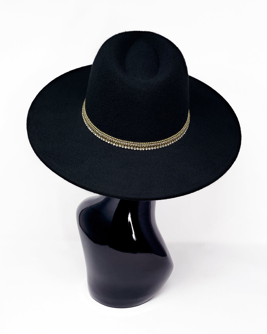 Black wide brim fedora hat. Gold faux leather lotus motive hand embellished with gold metal clasped crystals & pearl like rhinestones. ladies day, festival hat, crystals, felt hat, boho, wool hat, classic hat, best fedora brand, festival outfit, leatherette