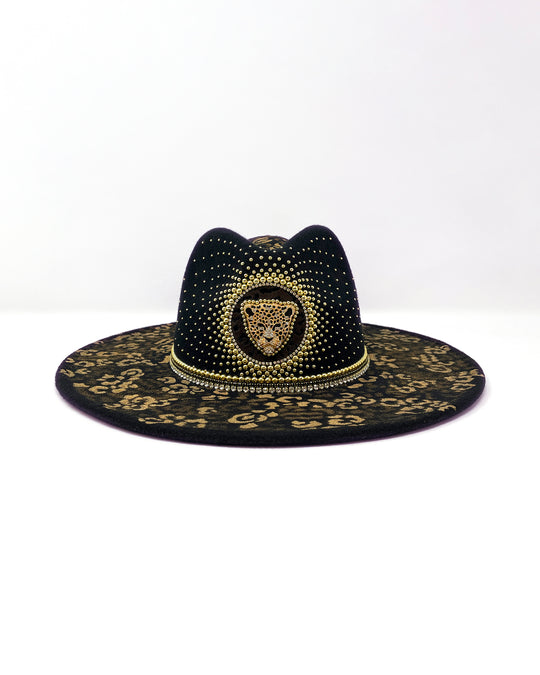 Black wide brim fedora hat. Gold metal & crystal leopard motive, hand painted metallic gold leopard print, embellished with gold metal clasped crystals & pearl like rhinestones. ladies day, festival hat, crystals, felt hat, boho, festival outfit, hat, handmade hat, festival wardrobe, gold hat, party hat