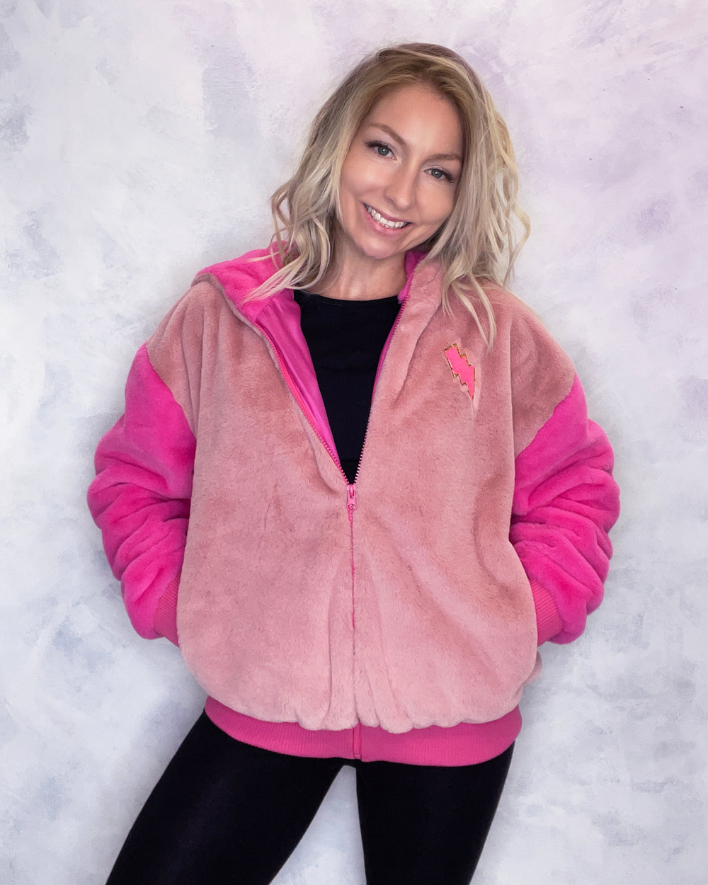 Pink and Hot Pink Faux Fur Hooded Bomber Jacket