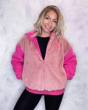 Pink and Hot Pink Faux Fur Hooded Bomber Jacket