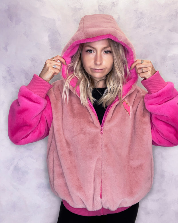 Pink and Hot Pink Faux Fur Hooded Bomber Jacket