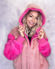 Pink and Hot Pink Faux Fur Hooded Bomber Jacket