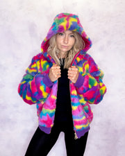 Multi Colour Faux Fur Hooded Bomber Jacket