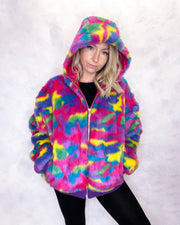 Multi Colour Faux Fur Hooded Bomber Jacket