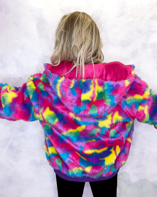 Multi Colour Faux Fur Hooded Bomber Jacket