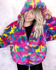 Multi Colour Faux Fur Hooded Bomber Jacket