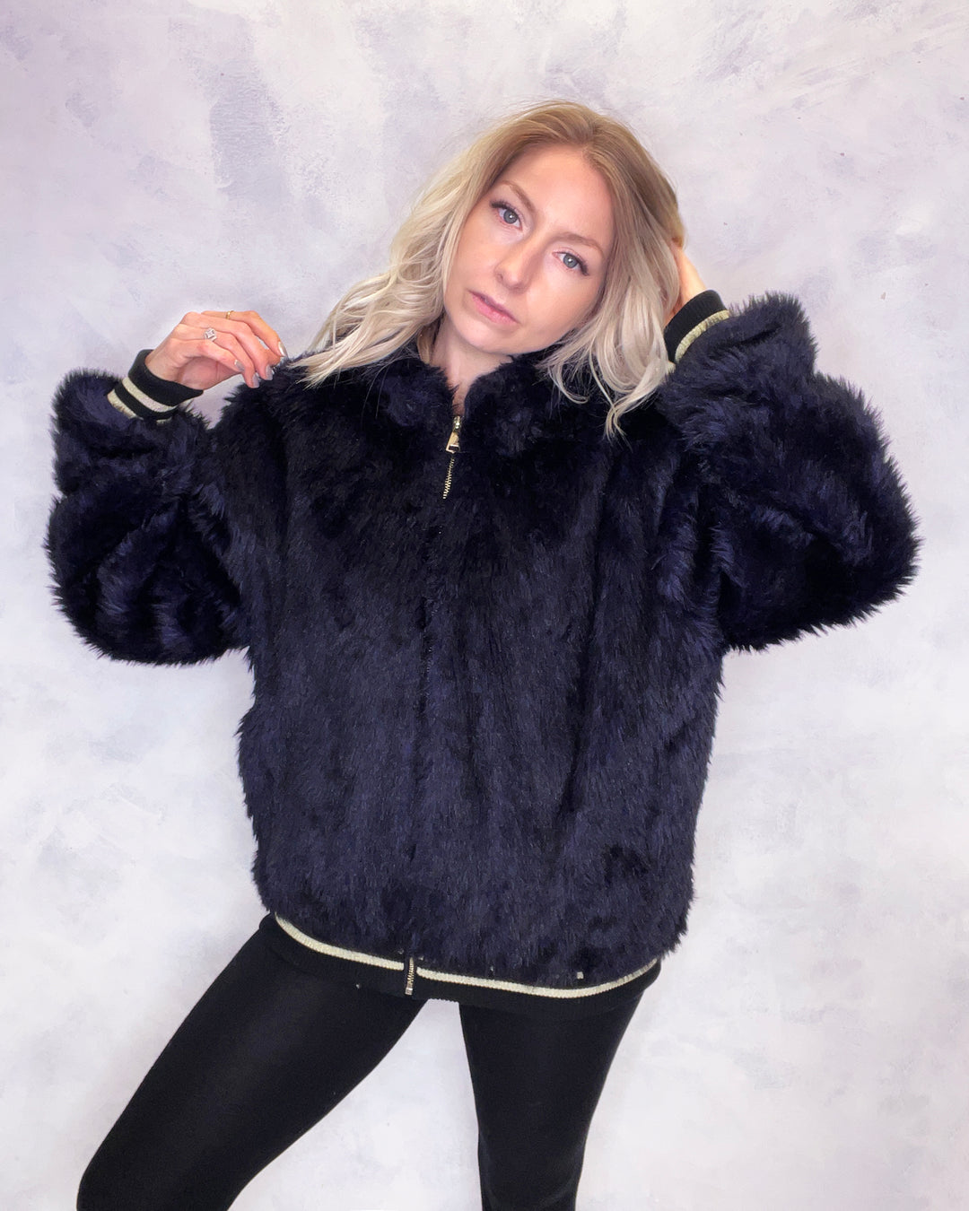 Dark Purple Faux Fur Hooded Bomber Jacket Tiger Embroidery