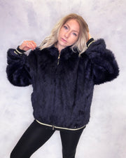 Dark Purple Faux Fur Hooded Bomber Jacket Tiger Embroidery