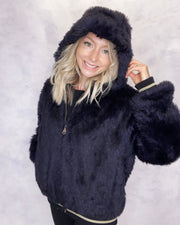 Dark Purple Faux Fur Hooded Bomber Jacket Tiger Embroidery