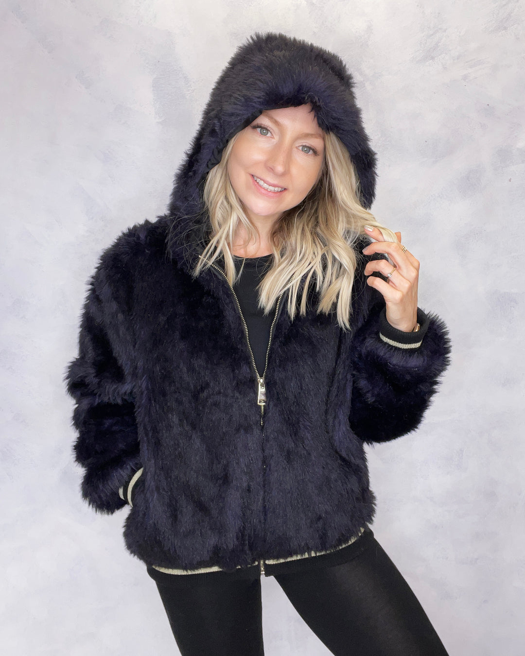 Dark Purple Faux Fur Hooded Bomber Jacket Tiger Embroidery 