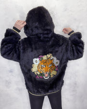 Dark Purple Faux Fur Hooded Bomber Jacket Tiger Embroidery