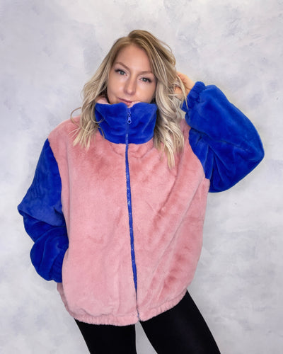 Pink and Blue Faux Fur Jacket Eye Embroidery