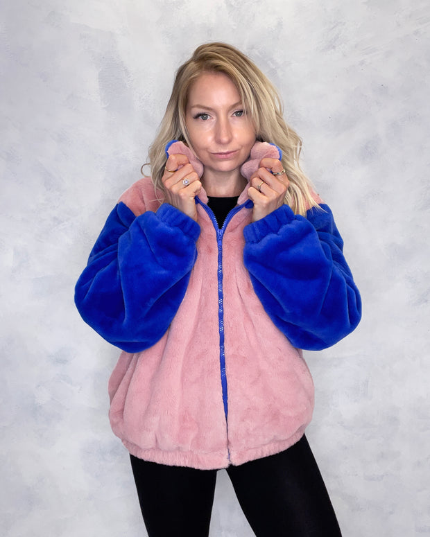 Pink and Blue Faux Fur Jacket Eye Embroidery