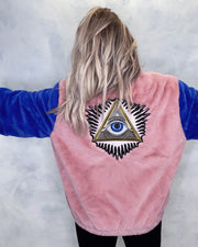 Pink and Blue Faux Fur Jacket Eye Embroidery