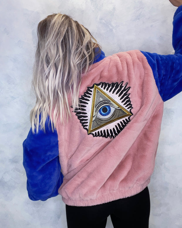 Pink and Blue Faux Fur Jacket Eye Embroidery