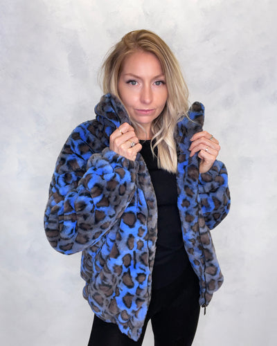 Blue Leopard Print Faux Fur Jacket Panther Embroidery