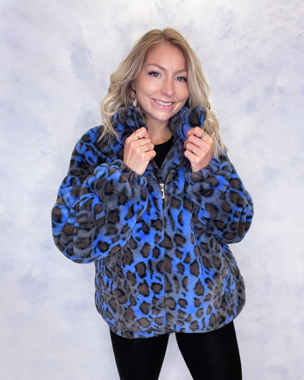 Blue Leopard Print Faux Fur Jacket Panther Embroidery