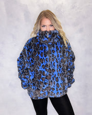 Blue Leopard Print Faux Fur Jacket Panther Embroidery