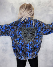 Blue Leopard Print Faux Fur Jacket Panther Embroidery