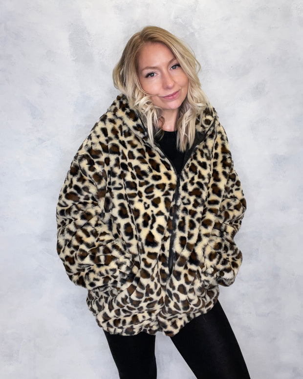 Leopard Print Hooded Faux Fur Jacket
