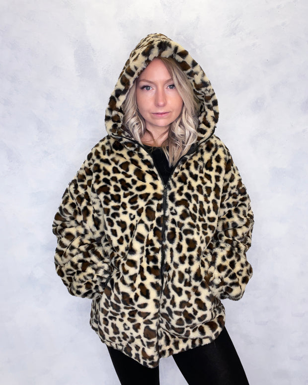 Leopard Print Hooded Faux Fur Jacket