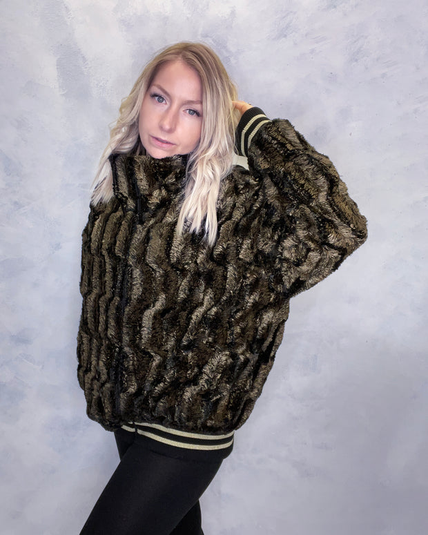Black and Gold Faux Fur Jacket Phoenix Emroidery