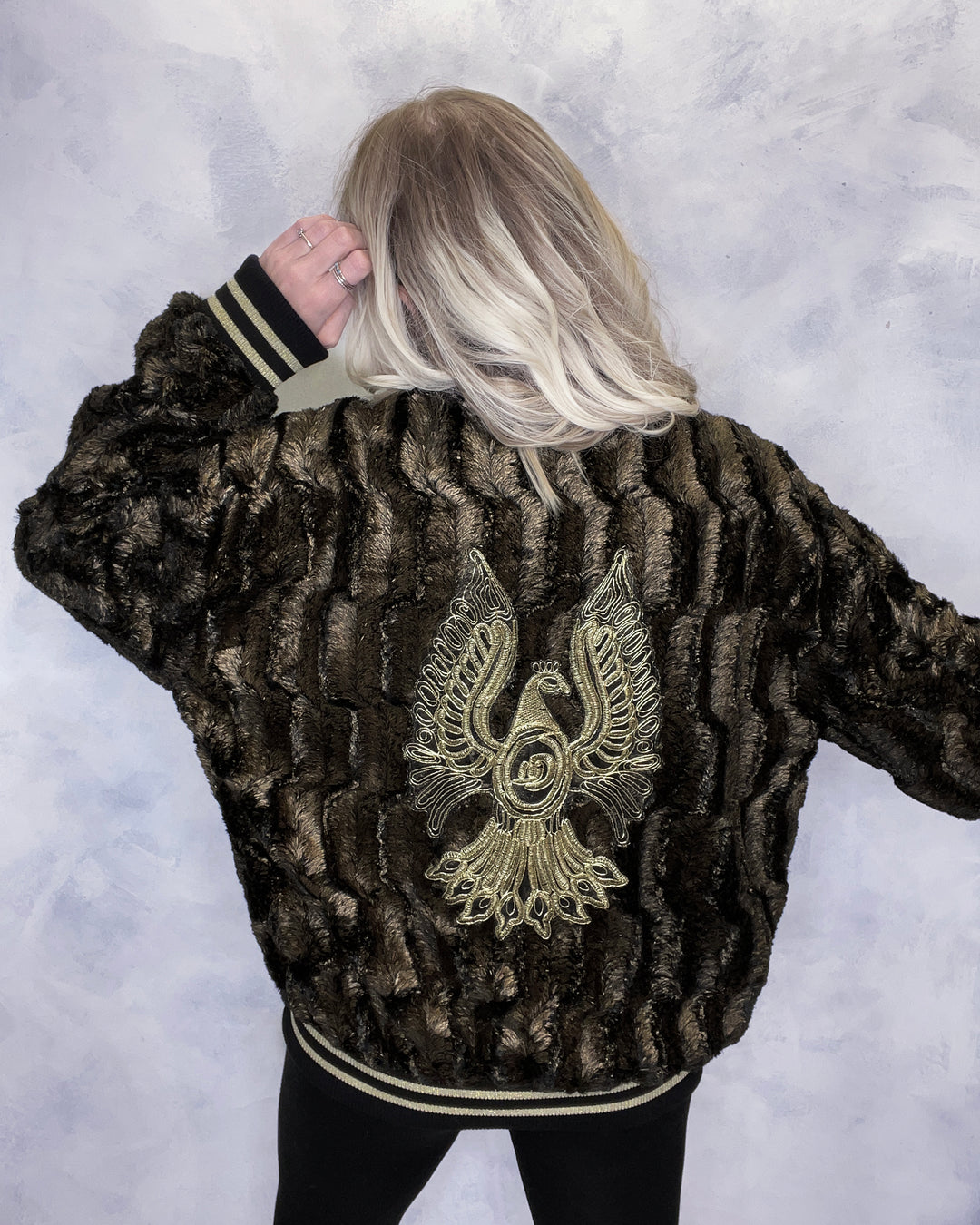 Black and Gold Faux Fur Jacket Phoenix Embroidery