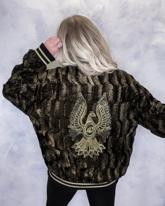 Black and Gold Faux Fur Jacket Phoenix Embroidery