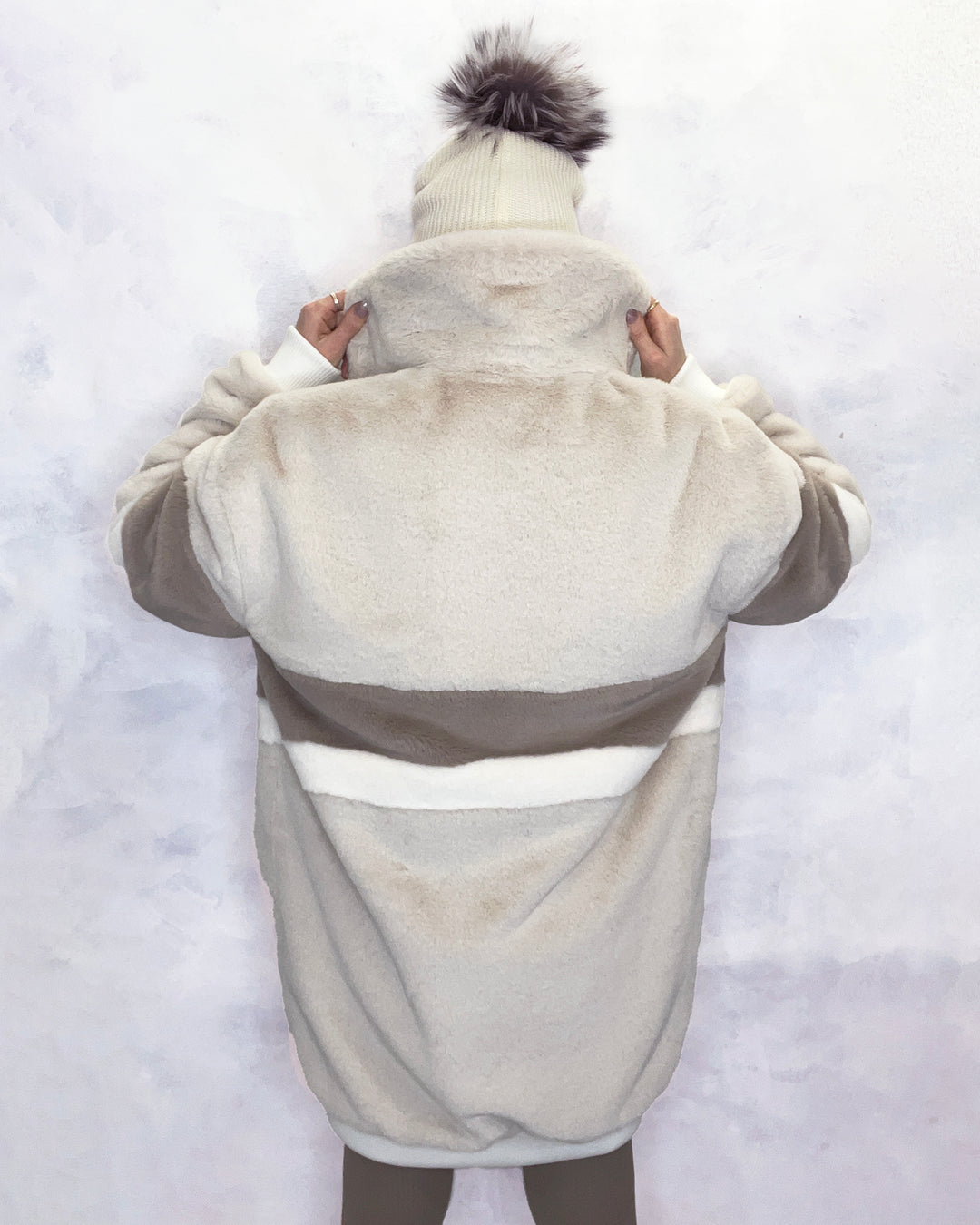 Cream & Taupe Faux Fur Long Bomber Jacket