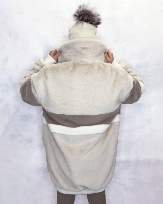 Cream & Taupe Faux Fur Long Bomber Jacket