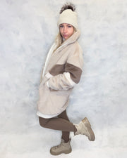 Cream & Taupe Faux Fur Long Bomber Jacket