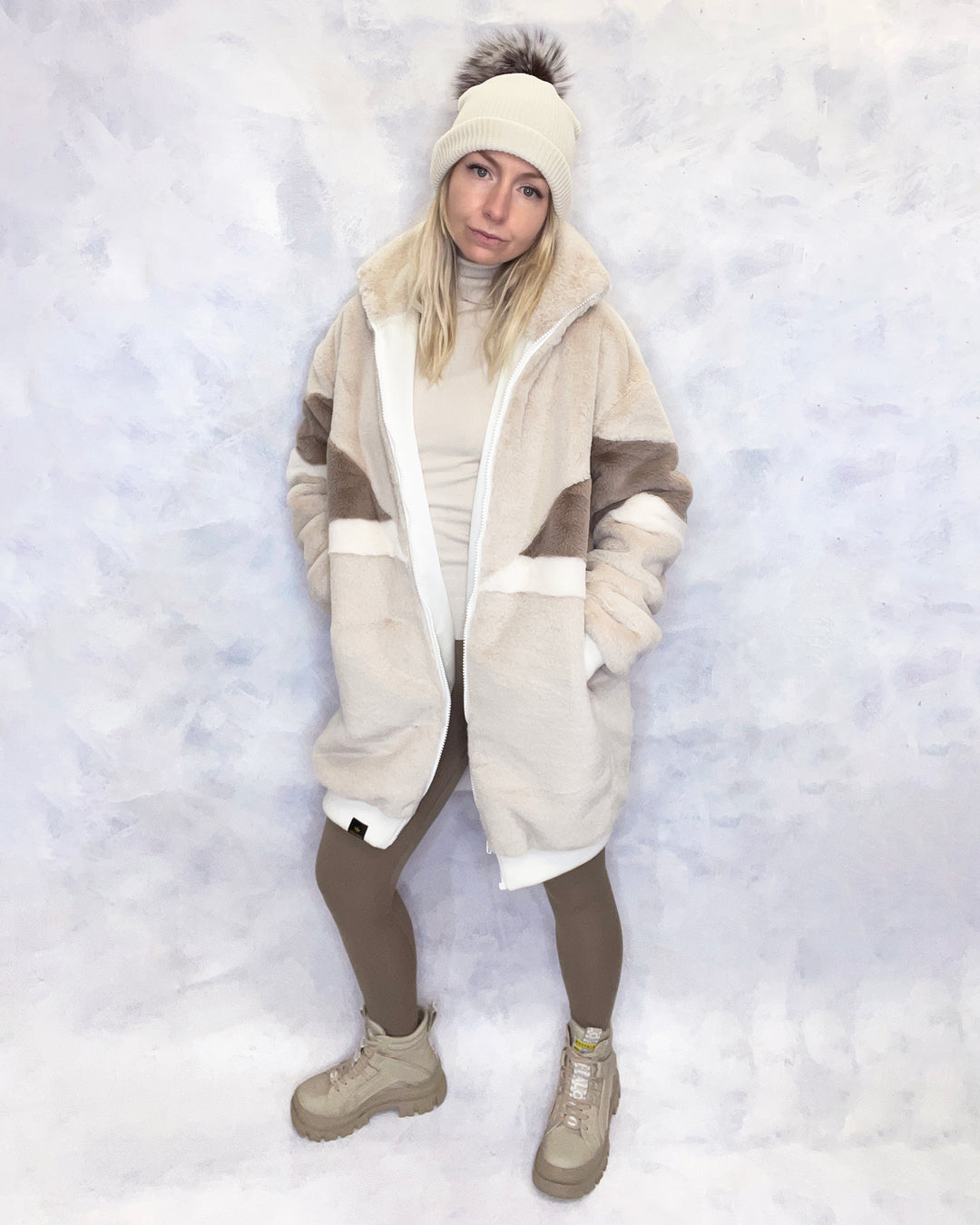 Cream & Taupe Faux Fur Long Bomber Jacket
