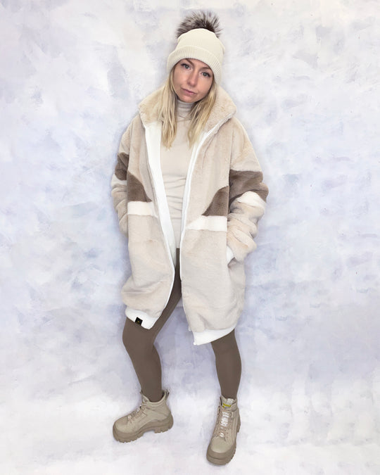 Cream & Taupe Faux Fur Long Bomber Jacket