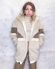 Cream & Taupe Faux Fur Long Bomber Jacket