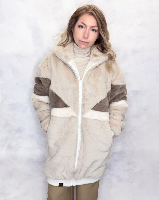 Cream & Taupe Faux Fur Long Bomber Jacket