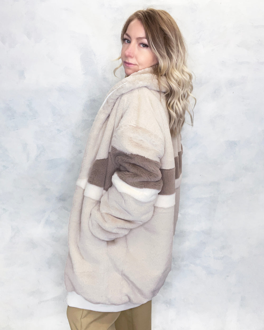 Cream & Taupe Faux Fur Long Bomber Jacket