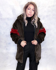Brown & Red Faux Fur Long Bomber Jacket