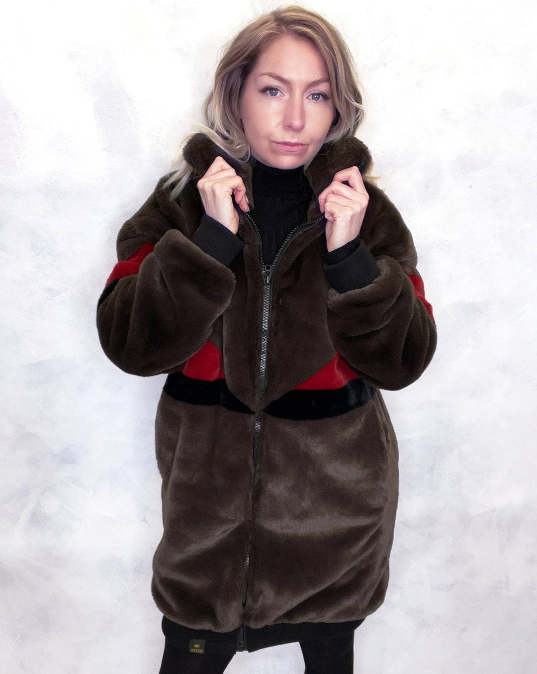 Brown & Red Faux Fur Long Bomber Jacket