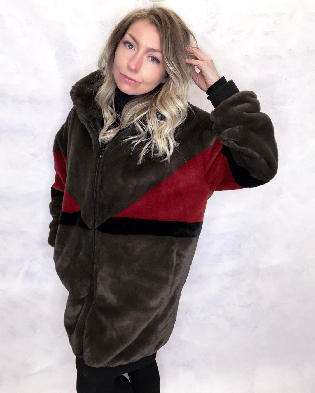 Brown & Red Faux Fur Long Bomber Jacket