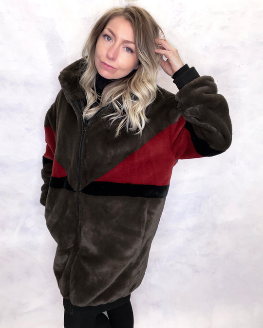 Brown & Red Faux Fur Long Bomber Jacket