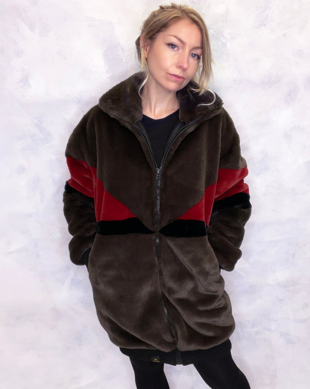Brown & Red Faux Fur Long Bomber Jacket