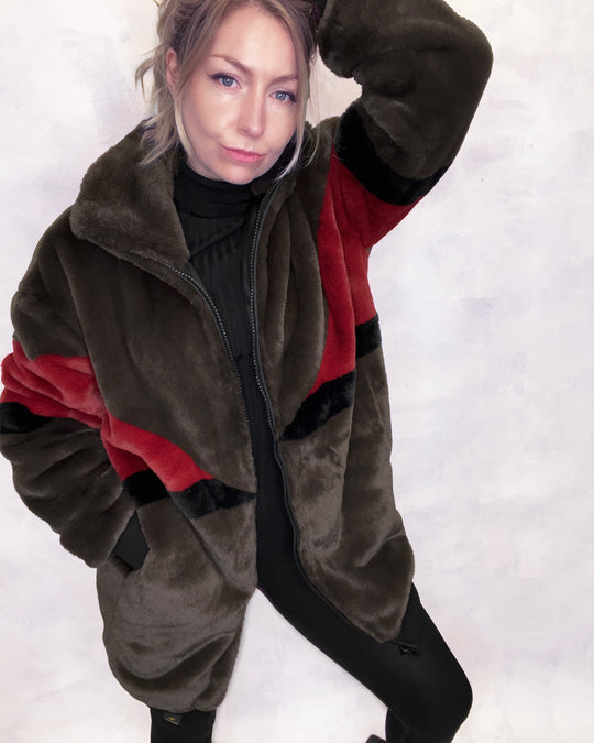Brown & Red Faux Fur Long Bomber Jacket