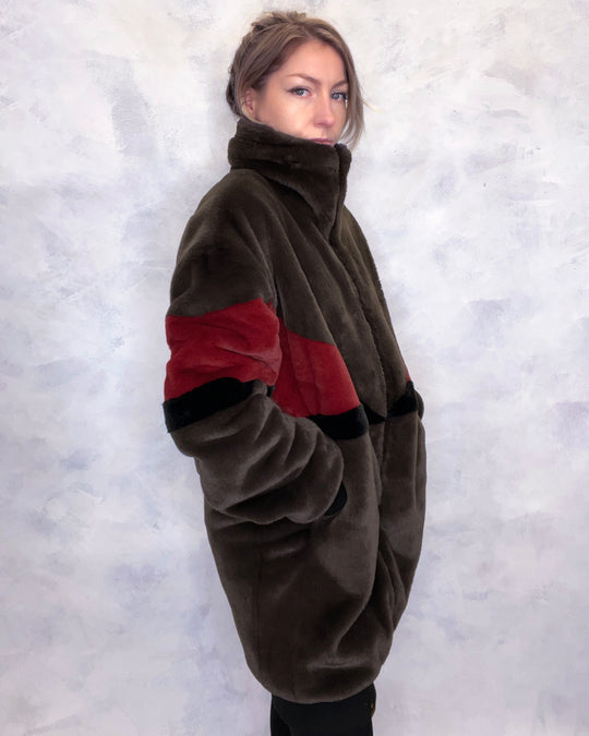 Brown & Red Faux Fur Long Bomber Jacket